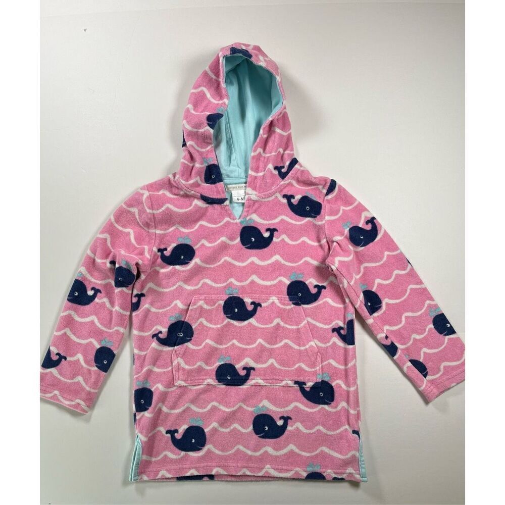 Pottery Barn Kids Pink Terry Towel Hooded Swim Cover Up Whales Size 4-6 Year EUC